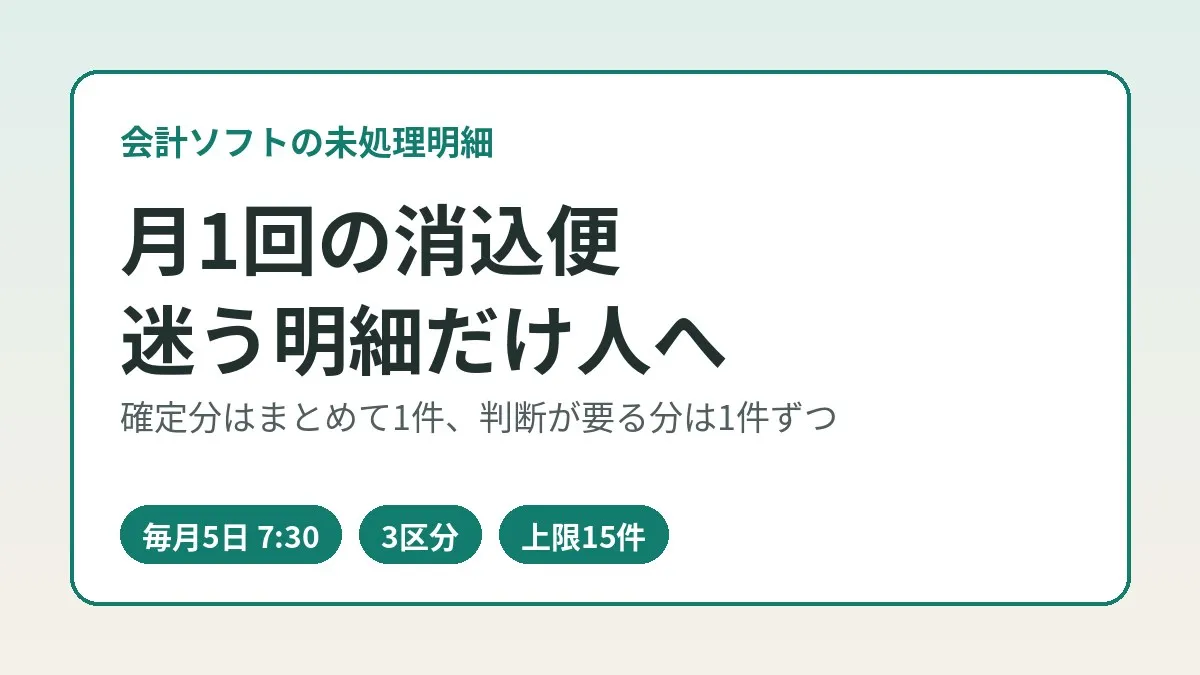 freee会計の未処理明細を月1回の消込便に。毎月5日7:30・3区分・上限15件で人に回す設計